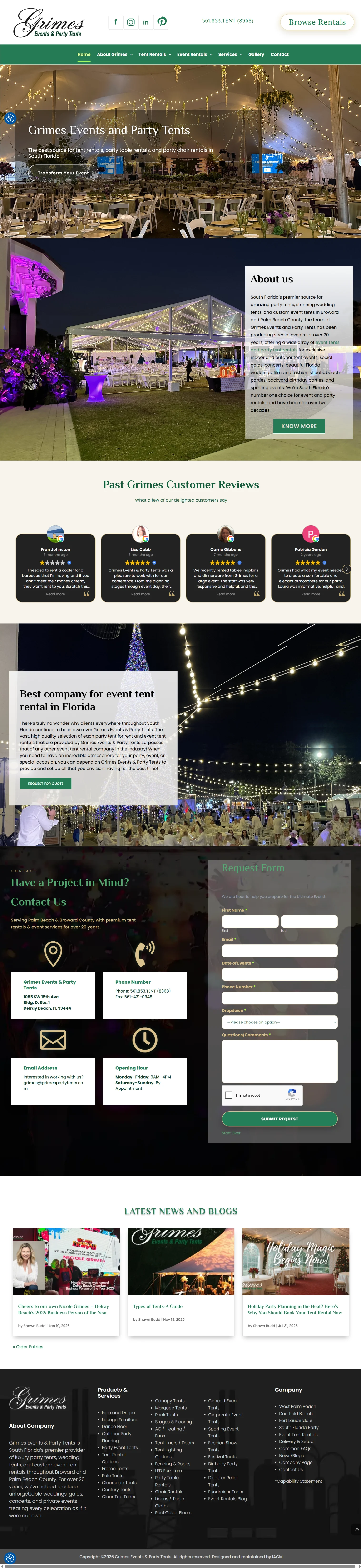 Full homepage screenshot of the Grimes Events and Party Tents website created by BTB Web Designs