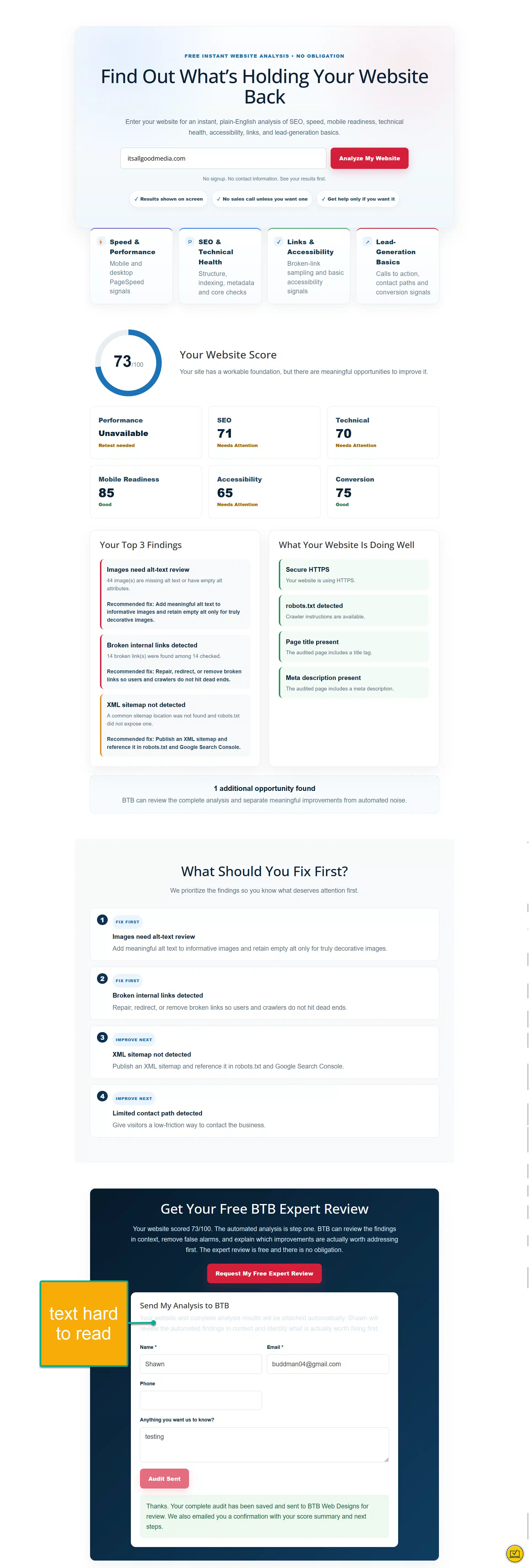 Its All Good Media audit before optimization showing an overall score of 73 with SEO 71, Technical 70, Mobile Readiness 85, Accessibility 65 and Conversion 75