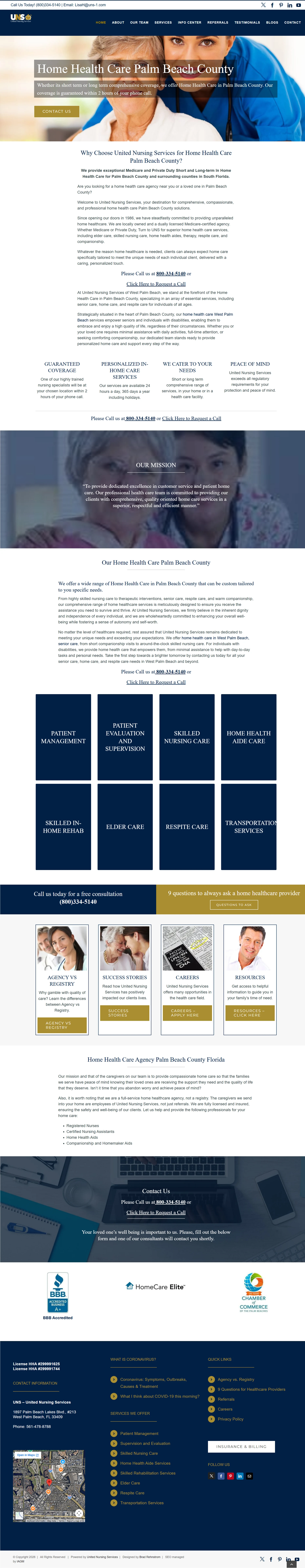 Full homepage screenshot of the United Nursing Services healthcare website created by BTB Web Designs