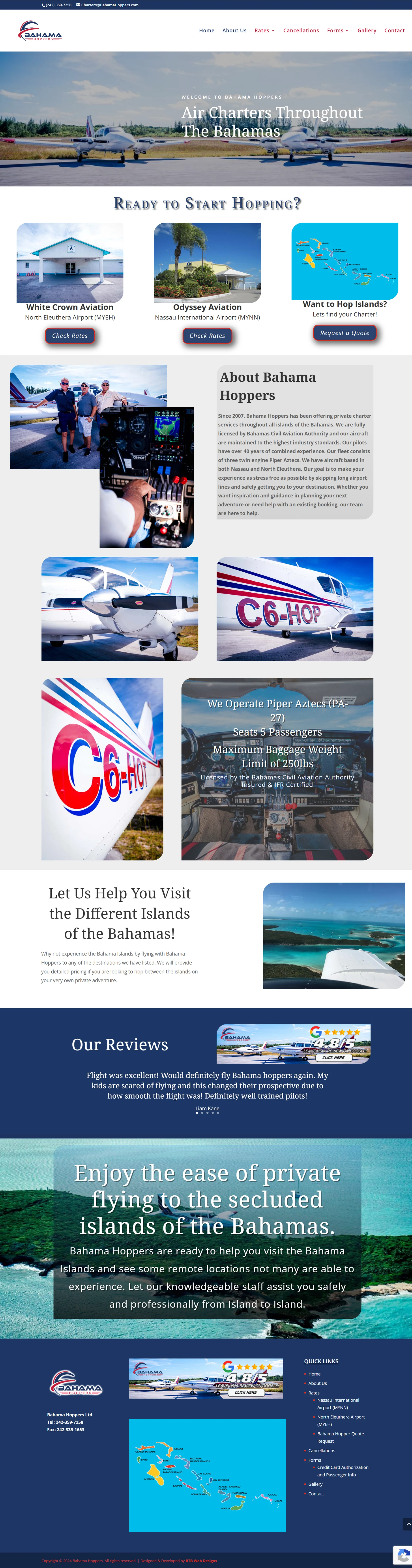 Full homepage screenshot of the Bahama Hoppers air charter website created by BTB Web Designs