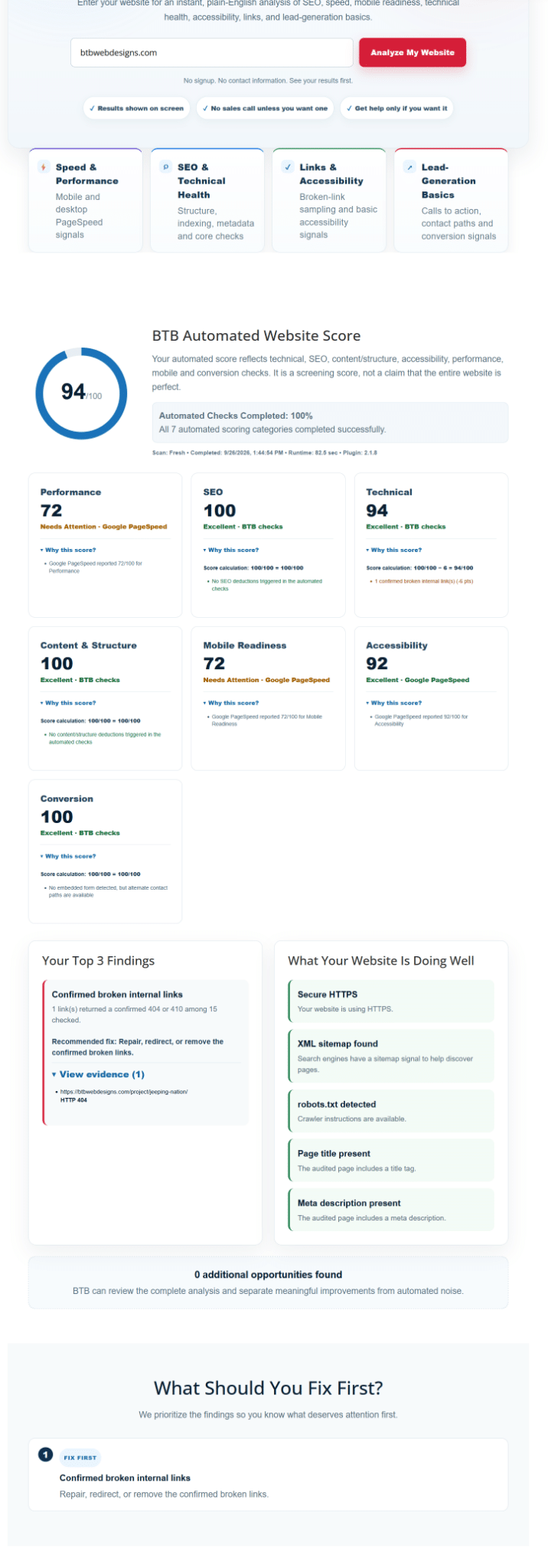BTB Web Designs audit before optimization showing Performance 72, Mobile Readiness 72 and Technical 94